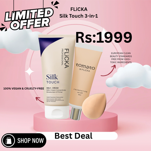 Flicka All-in-One Base Trio | Silk Touch Primer + Tomato Foundation with SPF + Beautyblender for Flawless Finish